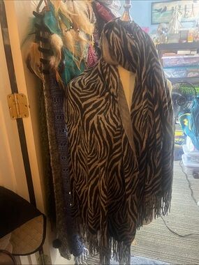 Rikka Zebra Print Fringe Scarf Wrap - Black and Grey Animal print S189